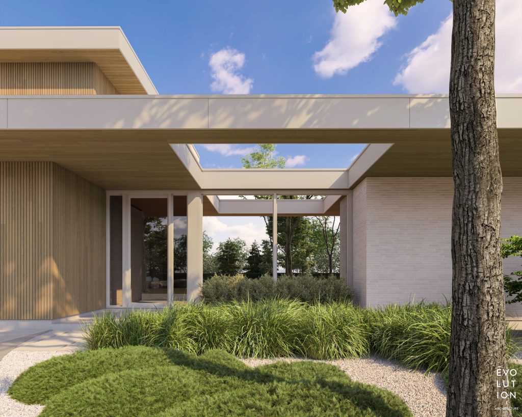 Entrée de prestige d'une résidence moderne avec matériaux naturels et design minimaliste