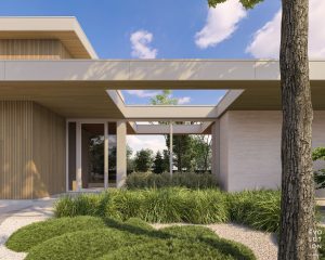 Entrée de prestige d'une résidence moderne avec matériaux naturels et design minimaliste