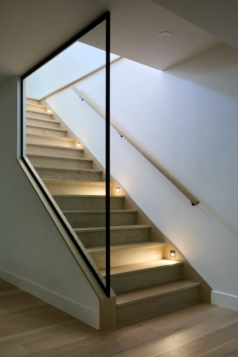 Escalier en bois avec éclairage intégré aux marches, paroi vitrée et main courante murale.